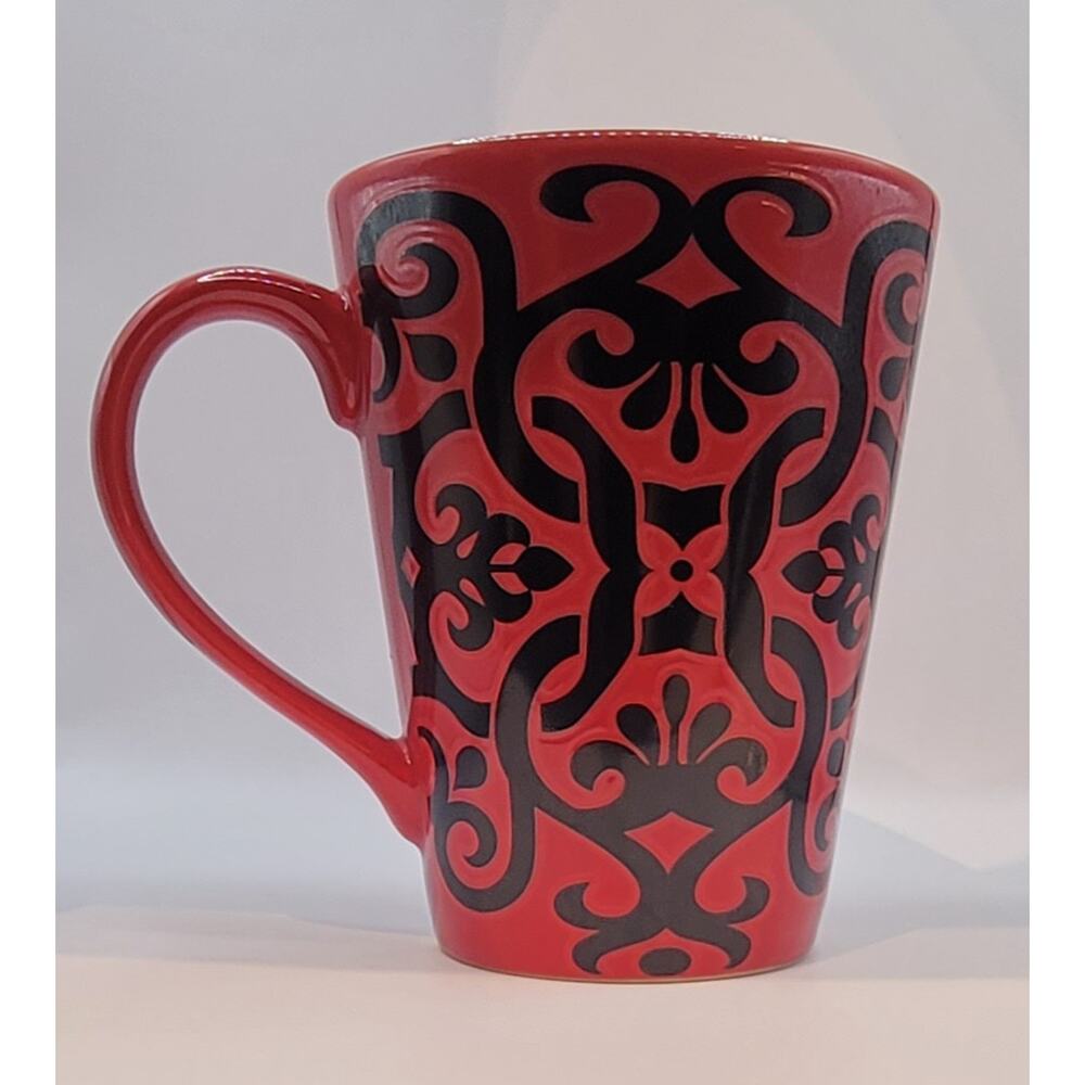 Red Roscher & Co Tuzani Collection Mugs with Black Mosaic Scrollwork